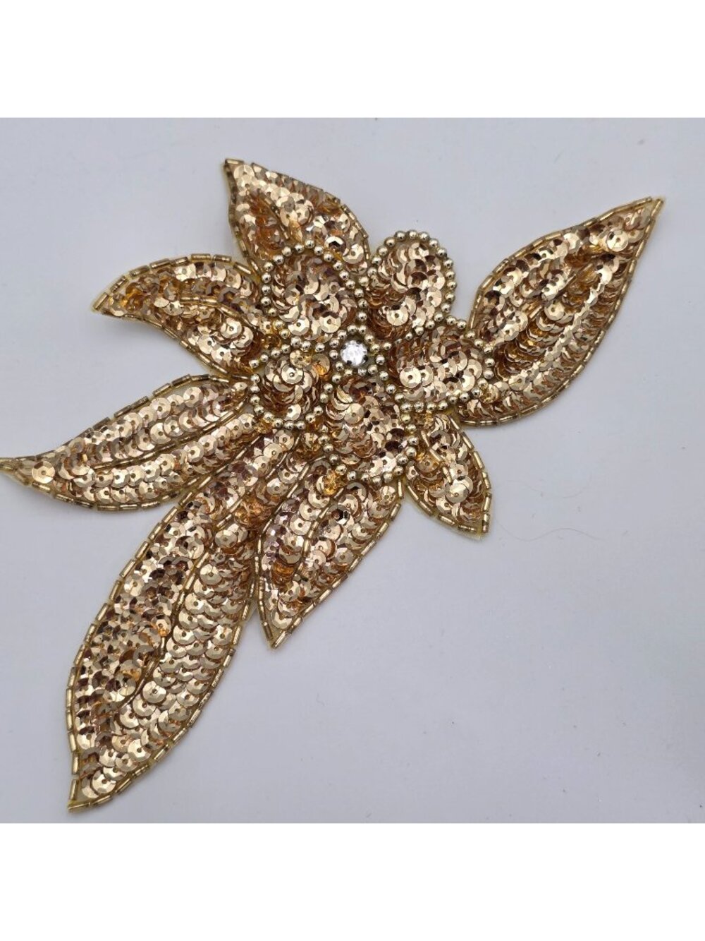 Gold Sequin Flower Applique With Rhinestone Center For Crafts Or Embellishments